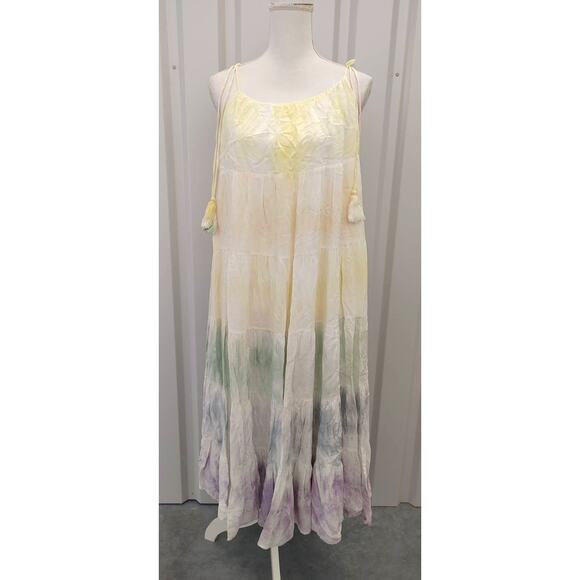 STORIA Maxi Dress Rainbow Tie Dye Spaghetti Straps Tassel Tie Lined Large NWOT - Picture 3 of 9